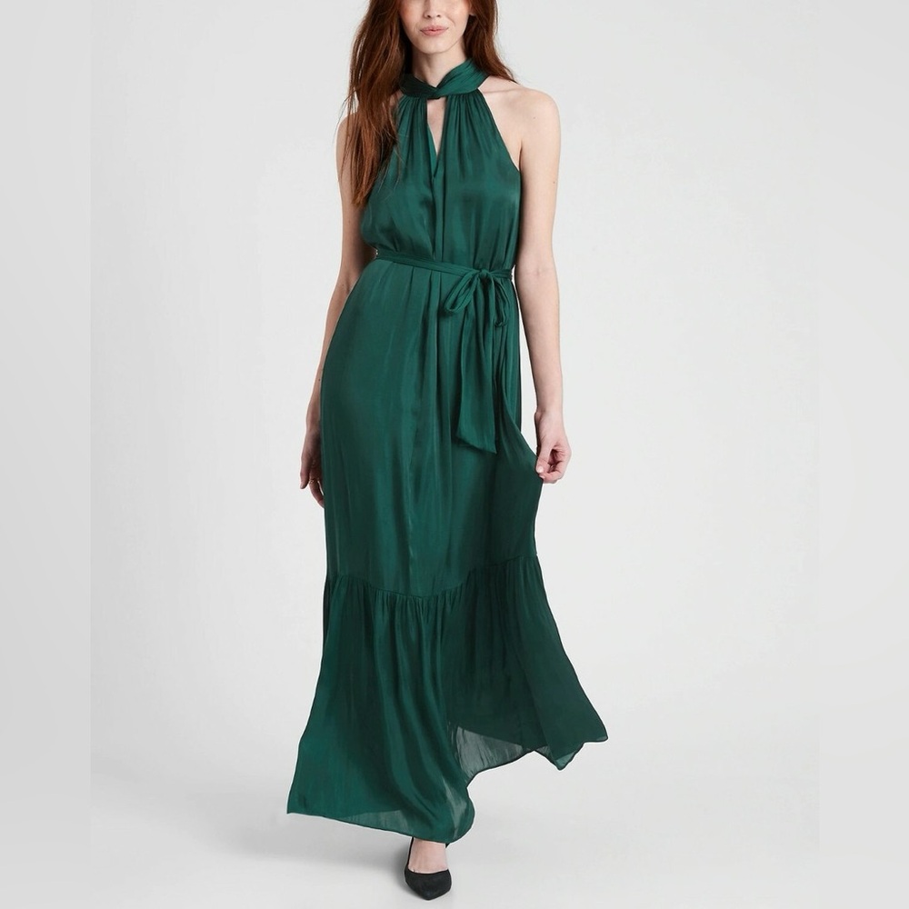 NWT Banana Republic Satin Twisted Maxi Dress Elegant RARE Emerald Loch Green 14